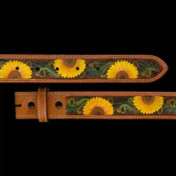"Our Honeysuckle Belt brings Southern charm to life with it's vibrant, hand-painted sunflowers and lush green vines. This belt is double stitched and lined with a second piece of top-grain leather so it'll last for years! 

Size: 1.5"" wi